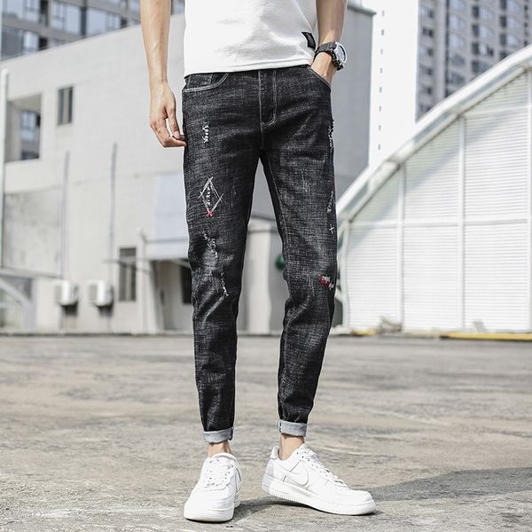 

czjlr jeanskorean jeans 2020 autumn worn-out brand slim-fit jeans jeanstrousers and men's style small foot fashion stretch stretch casu, Blue
