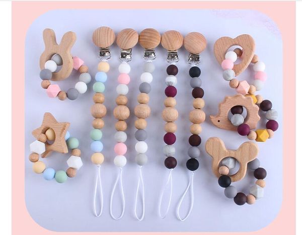 

baby products wood toys teether cartoon animal teether silicone beads pacifier chain natural teething grasping clips holder chain