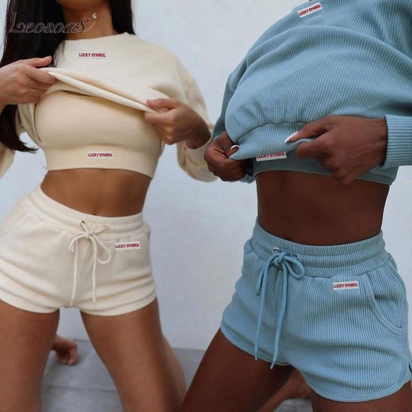 

women's tracksuits women two piece outfits 2021 fall winter o-neck long sleeve sweatshirt and biker shorts set ladies, Gray