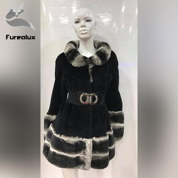 

furealux women winter real rex fur coat long hooded natural rex fur thick luxury warm overcoat, Black