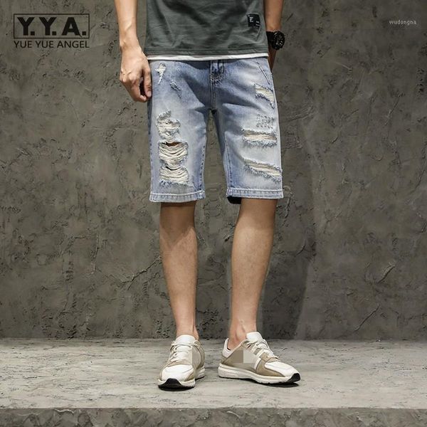 

mens clothes summer casual sweatpants fashion ripped knee length denim trousers streetwear distressed men straight jean shorts1, White;black