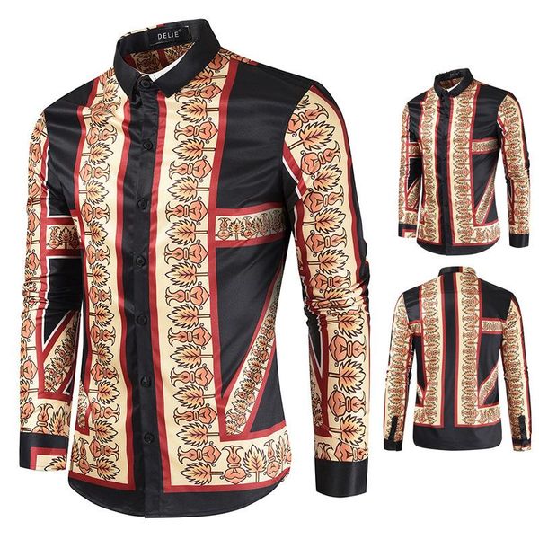 

style men's shirt stand collar single breasted long sleeve leave printed personality casual fashion male blouse, White;black