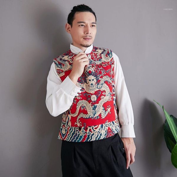 

performance clothing dragon print vest retro chinese temple male style imperial vest sandwich cotton1, Black;white