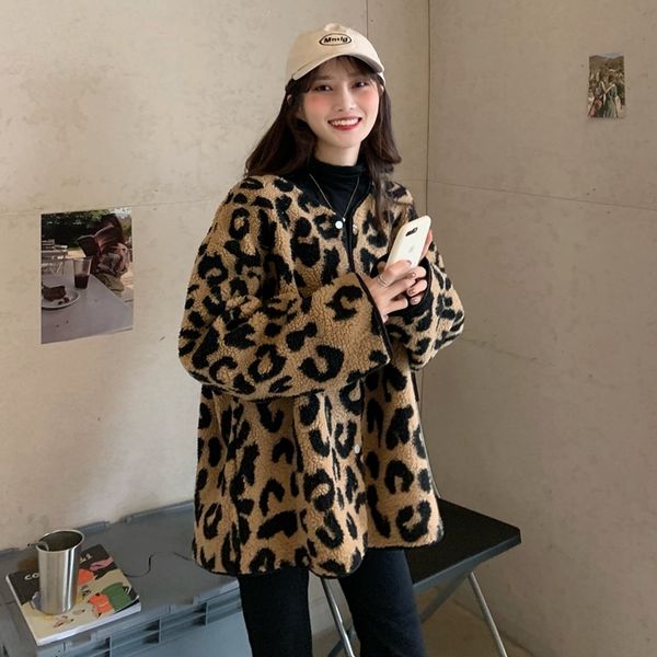 

long sleeve loose leopard print lambskin coat