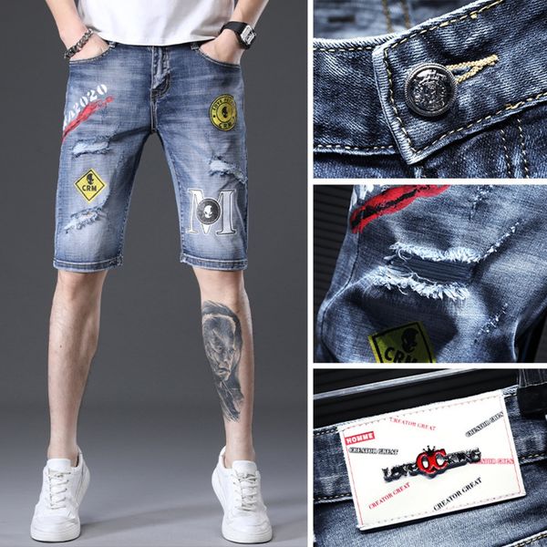 

xia jinan high-end embroidery printed fashionable denim shorts trendy brand thin medium embroidered shorts and trouserspants men's fift, Blue