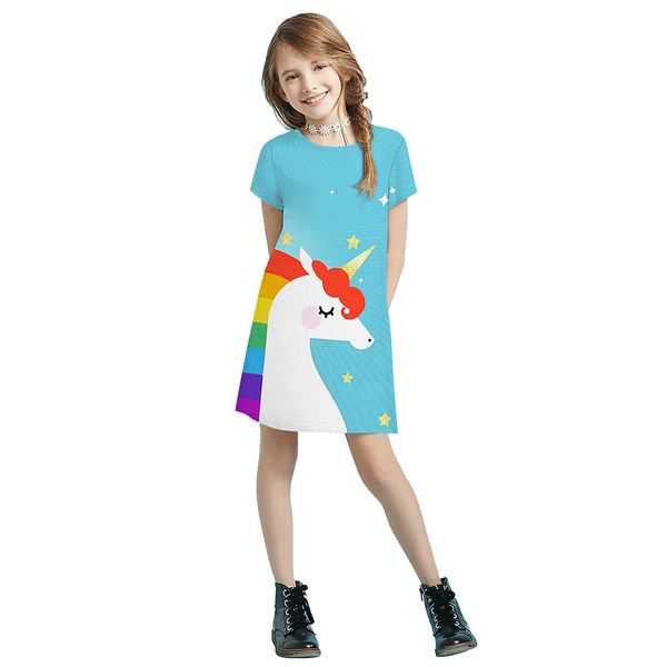 

rainbow unicorn printed children's clothing dress european and american children's short-sleeved dress lj200921, Red;yellow
