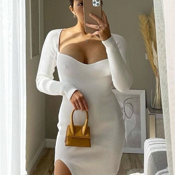 

aproms elegant square neck ribbed knitted dresse casual long sleeve high stretch basic bodycon dress streetwear vestidos 220311, Black;gray