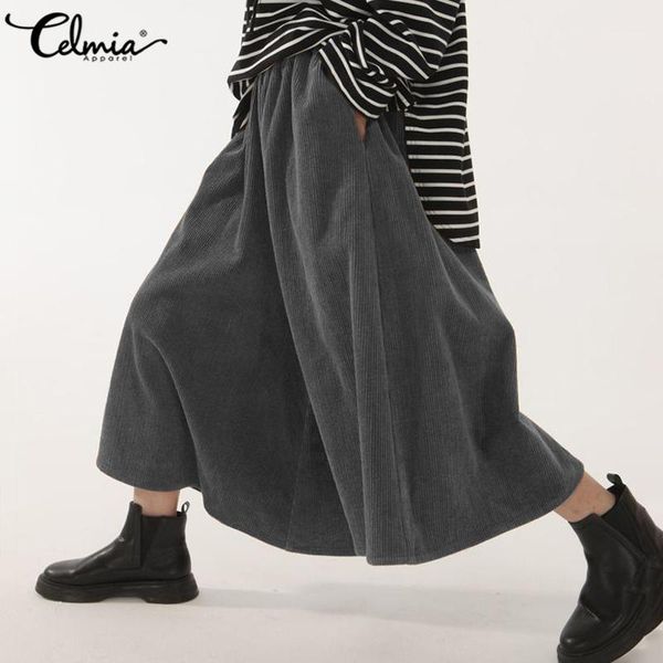 

2020 autumn winter women corduroy trousers celmia fashion elastic waist wide leg pants pockets casual loose pantalon plus size1, Black;white