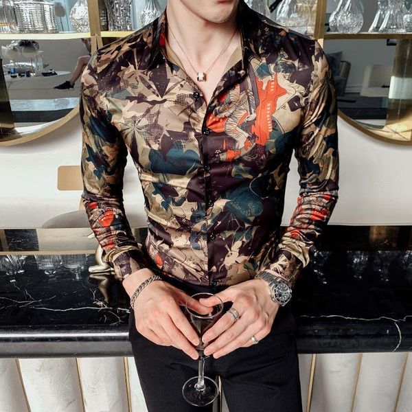 

leaf print shirt men's flower shirt casual slim party dress fashion spring autumn long sleeve digital printing men's1, White;black