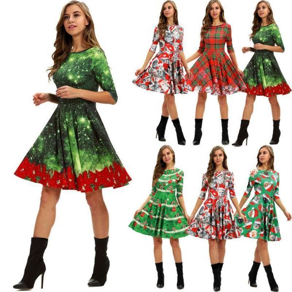 

christmas women xmas dress retro elegant women long sleeve cats print vintage christmas evening party flare dress 5 styles, Black;gray