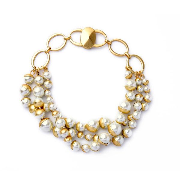 

vintage chunky bead necklace elegant clavicle simulated pearl layered matte gold necklace magnet women jewelry accessory, Golden;silver