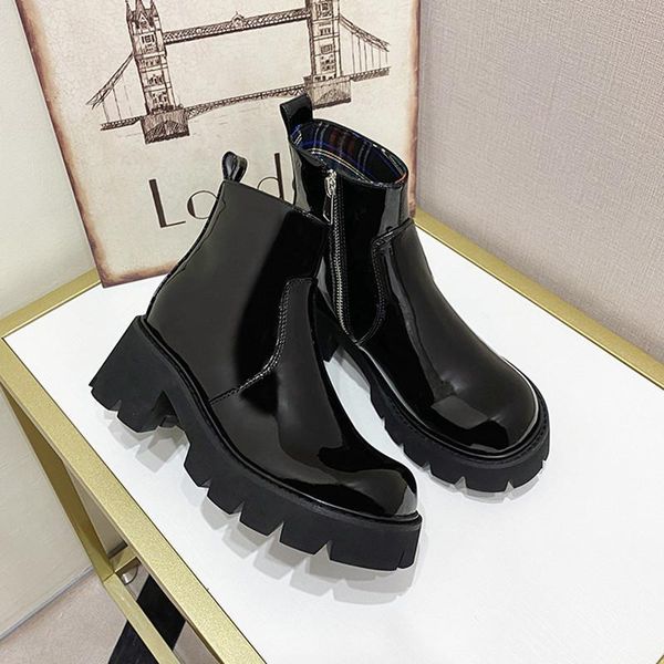 

low heel women boots autumn new style side zipper design non-slip black women's shoes fashion patent leather platform work boots