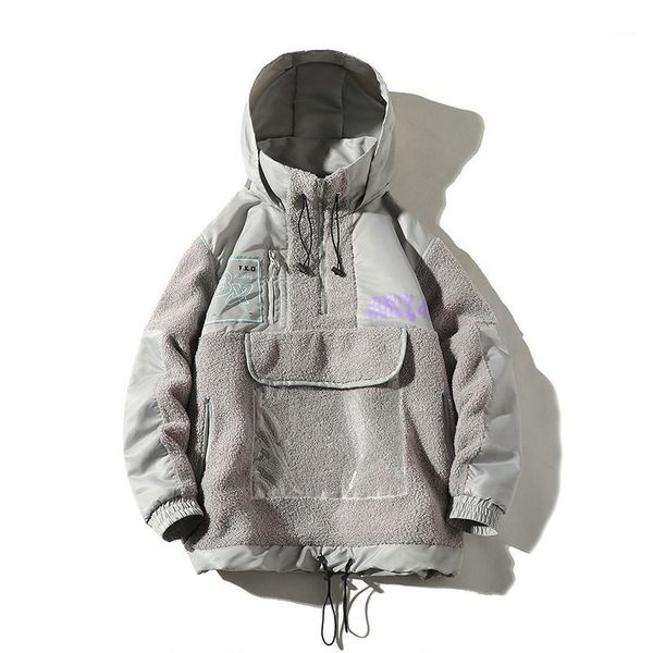 

winter jacket men streetwear new loose letter print lamb patchwork cotton padded hooded parkas men hip hop warm overcoats1, Black