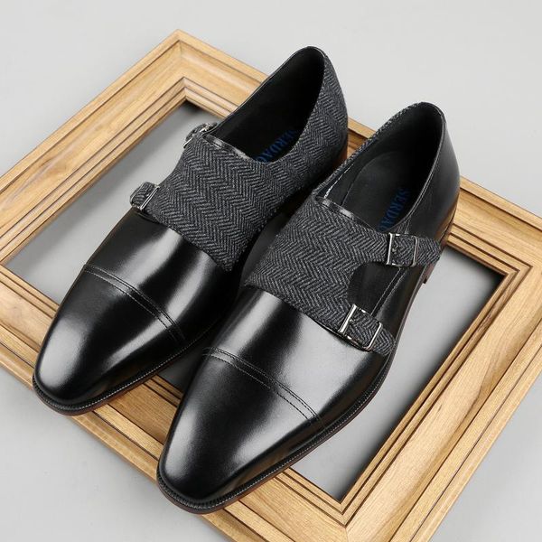 

autumn new formal shoes men's business men's shoes wedding fashion buckle monk mengke british pointed leather rubber, Black