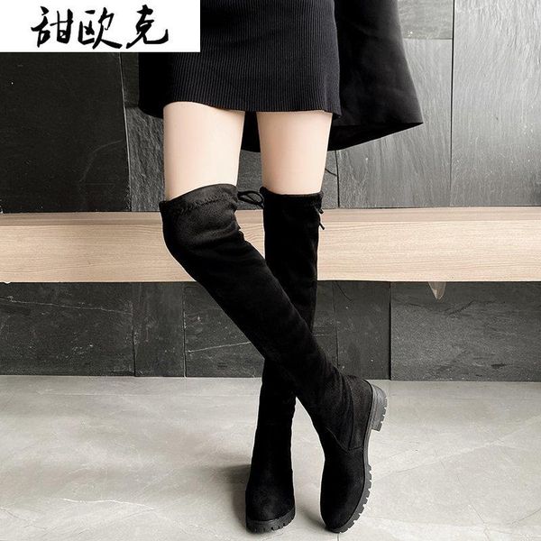 

elastic flock slim fit over the knee boots women 2020 winter thigh lace up ladies high heel chunky heel long thigh high botas, Black