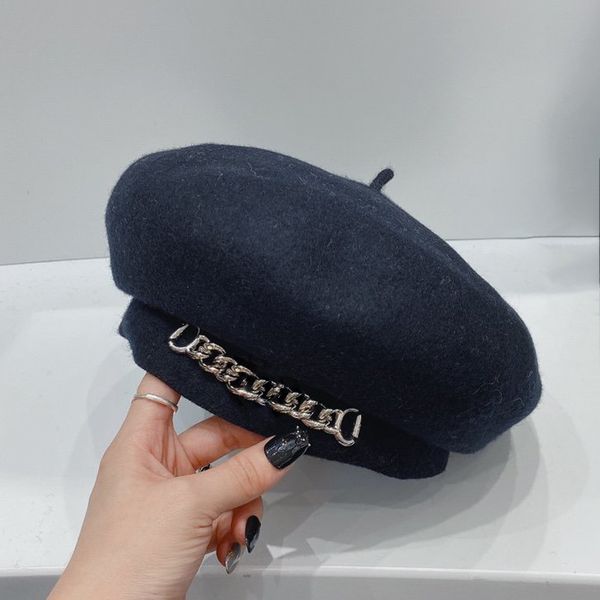 

wool women beret hat black lady cap fashion letter chain spring autumn winter accessories christmas present trendy items avant-garde, Blue;gray