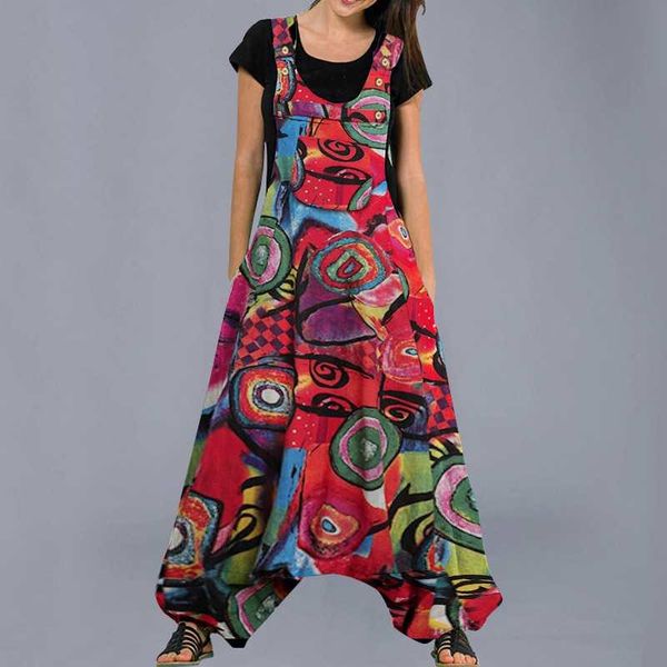 

women's jumpsuits & rompers vintage floral printed sleeveless office overalls vonda 2021 plus size summer dungarees femme bohemian, Black;white