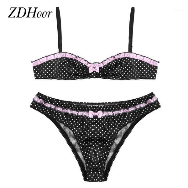 

mens sissy polka dot lingerie set adjustable spaghetti shoulder straps ruffles bra with elastic underwear panties1, Red;black