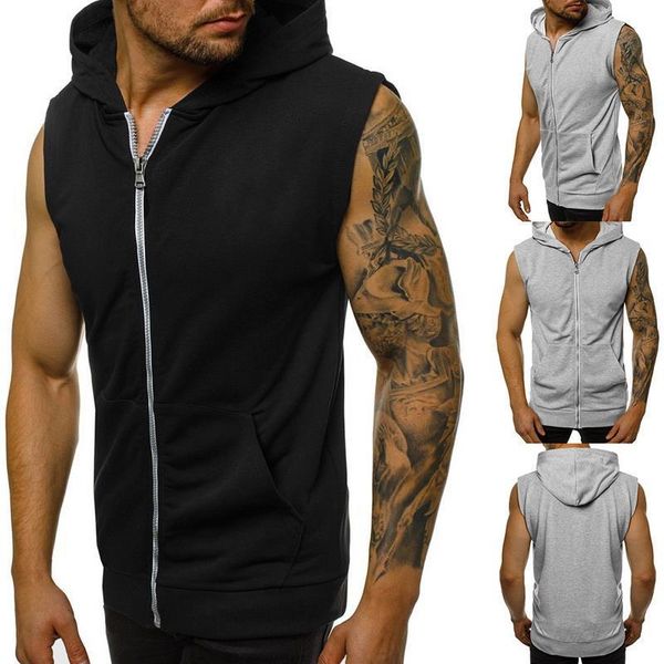 

men fitness hoodies tank sleeveless tee shirt male workout zipper pockets hooded vest waistcoat solid undershirt sportswear, Black;white