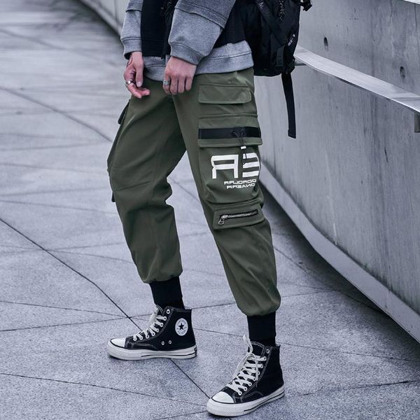 

men's pants streetwear casual harem fashion solid joggers men zipper pockets ankle-length cargo, Black