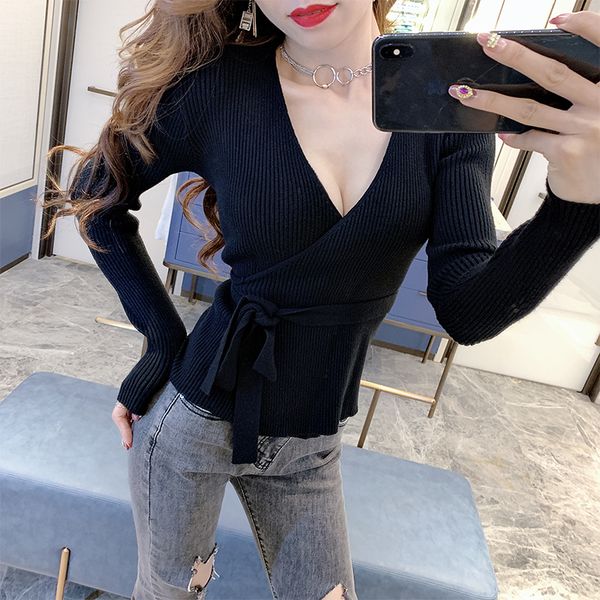 

2021 new women's knitted cardigan sweater deep cross-neckline lace to the waist thin woman knitting cardigans autumn 9kib, White;black