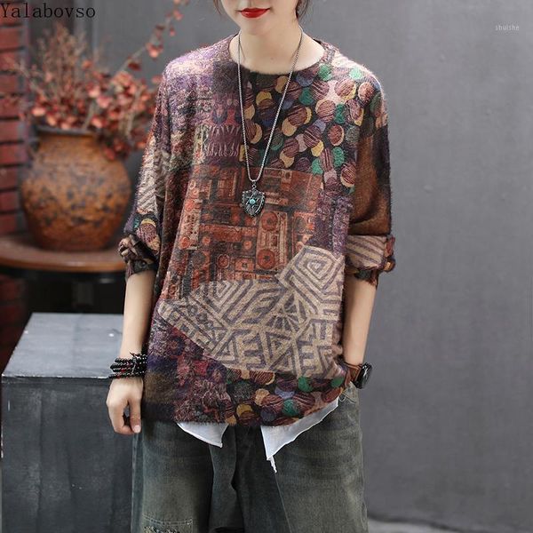 

2019 new style national style printing sweater loose long sleeved round neck knitted sweater for women computer knitted a0bz401, White;black