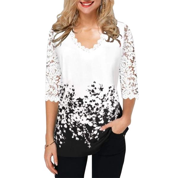

plus size shirt women blouse shirt female femmes blouses floral print v-neck half sleeve lace splice print boho women shirt lj200812, White