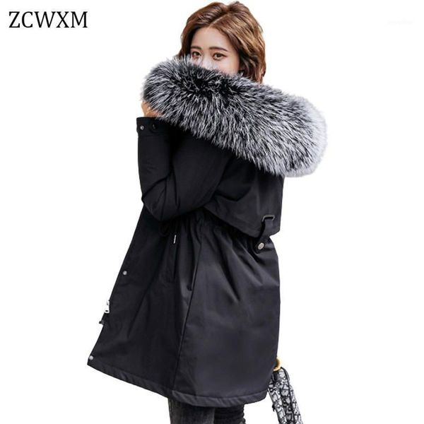 

zcwxm plus size 6xl large fur collar jacket women thick wool liner cotton padded jackets coat female winter hooded long parkas1, Black