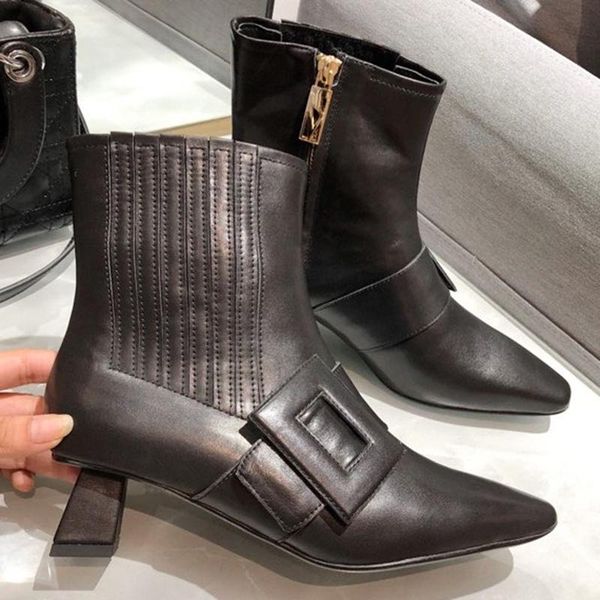 

vintage black point toe boots весна осень brand design high heels кожа женская обувь zip лодыжки сапоги женские с пряжкой