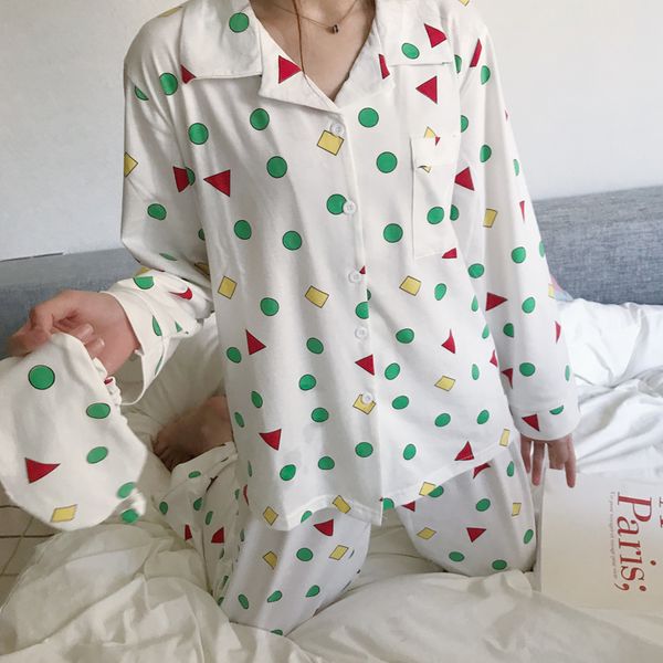 

women autumn spring pijamas new fashion cotton pajamas set kawaii japanese korean style crayon shin chan pyjamas sleepwear 201009, Black;red