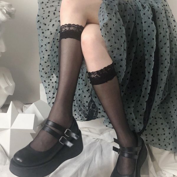 

lace knee long women transparent high elastic stockings kawaii socks, Red;black