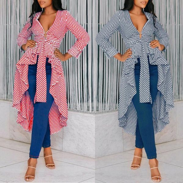 

women long sleeve v-neck asymmetrical waterfall shirts dress autumn female striped v-neck lace up plus size blouse, White