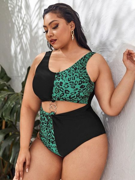 

plus leopard print ring linked one piece swimsuit c4j5#, Black