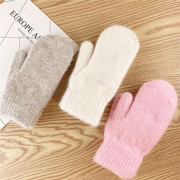 

female winter gloves double-layer hair gloves solid color all fingers fashion warm women cute girls mittens, Blue;gray