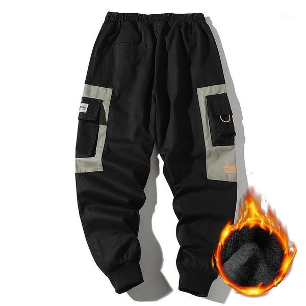

men's pants winter multi - pocket slacks for men youth trend of versatile and velvet overalls men1, Black