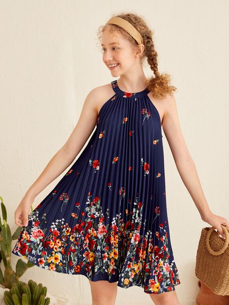 

teen girls floral print pleated halter dress she, Red;yellow