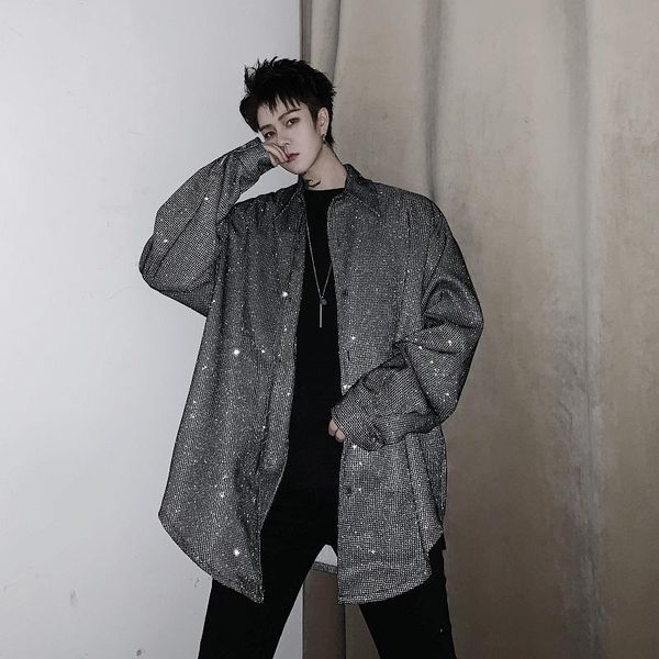 

men's dress shirts ins personality jacket long-sleeved shirt trend blingbling bright costumes men clothing 2021 stage, White;black