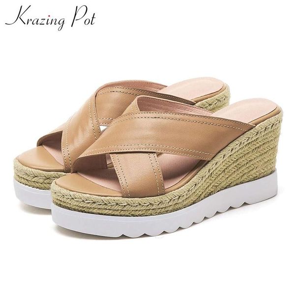 

dress shoes krazing pot 2021 natural sheep leather straw made high heel streetwear european simple waterproof dailywear model sandals l10, Black