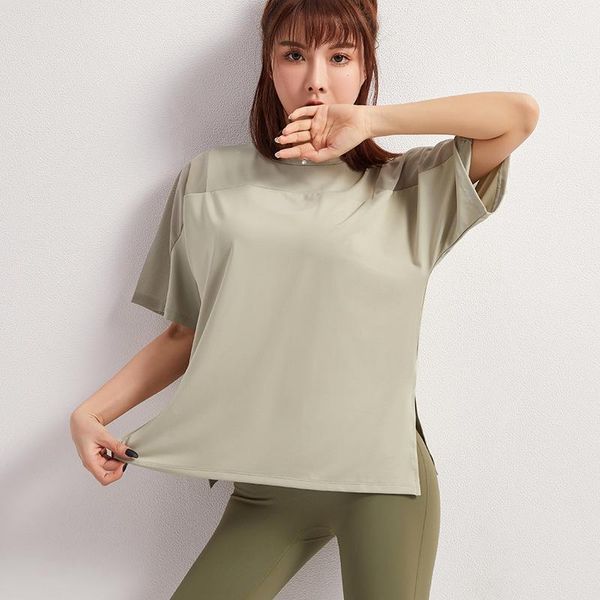 

2020 new style summer sports coat women's short sleeved loose-fit casual spell fitness running quick-drying t-shirt yoga c, Gray;blue