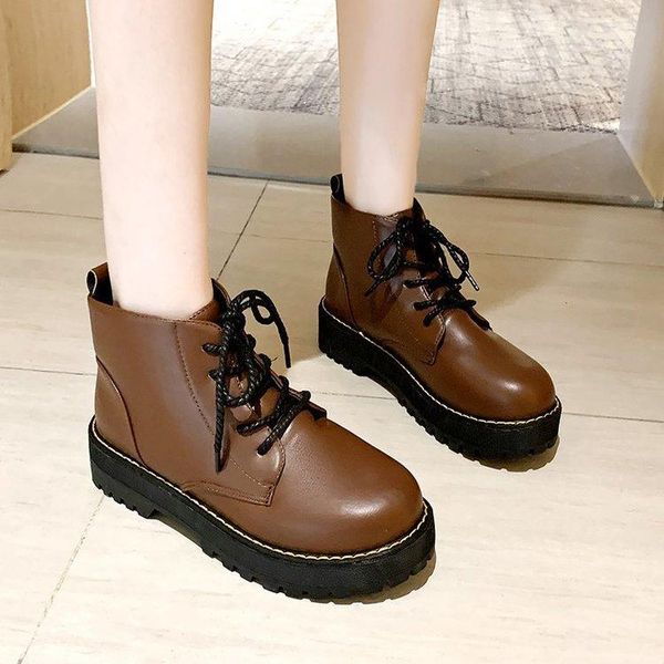 

winter boots lady leather women's shoes round toe boots-women booties ladies lace up 2020 med elegant ankle rock autumn rubber, Black