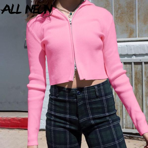 

allneon e-girl casual solid ribbed zipped front hoodie candigans sweet slim long sleeve cropped vintage 90s cute knitwear, White