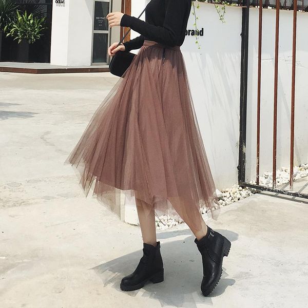 

pleated skirt women's new high waist mesh+gold velvet skirt half bottom medium length fit wear on both sides chic femme, Black