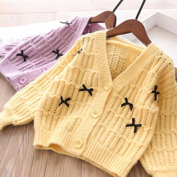 

bowknot hollow v-neck girl's sweater children's clothing wholesale1, Blue