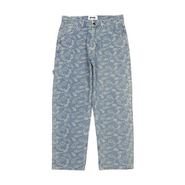

men's jeans european american autumn summer 2021 fashion retro street jacquard cashew flower hiphop loose for men women denim, Blue