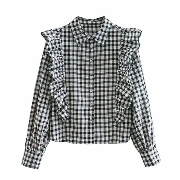 

2021 new vintage elegant women plaid lotus leaf decoration blouse stylish chic ladies button stand collar shirts casual blusas mujer, White