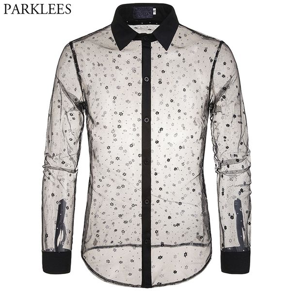 

black lace shirt men new see through mens dress shirts long sleeve floral transparent night club stage dance chemise homme 201120, White;black