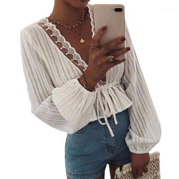 

women's blouses & shirts fashion women blouse hollow out puff sleeve deep v neck elegant ladies slim streetwear white shirt female blus
