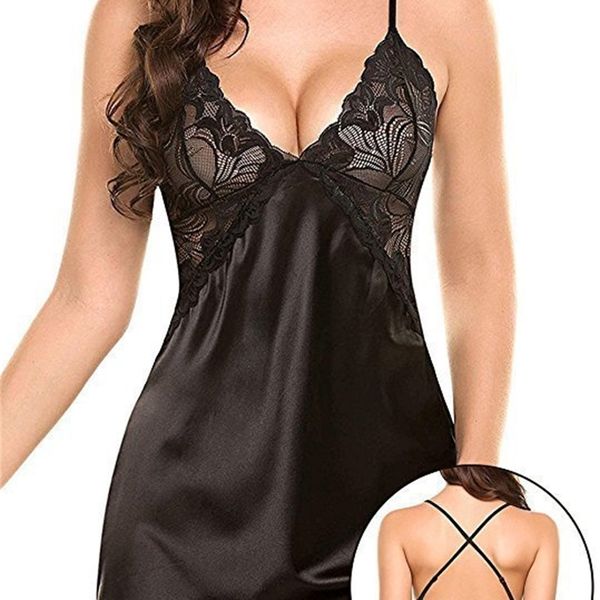 

lingerie faux silk nightgowns satin sleepwear lace night dress women sleeveless nighties v neck nightdress nightwear nightshirt, Black;red