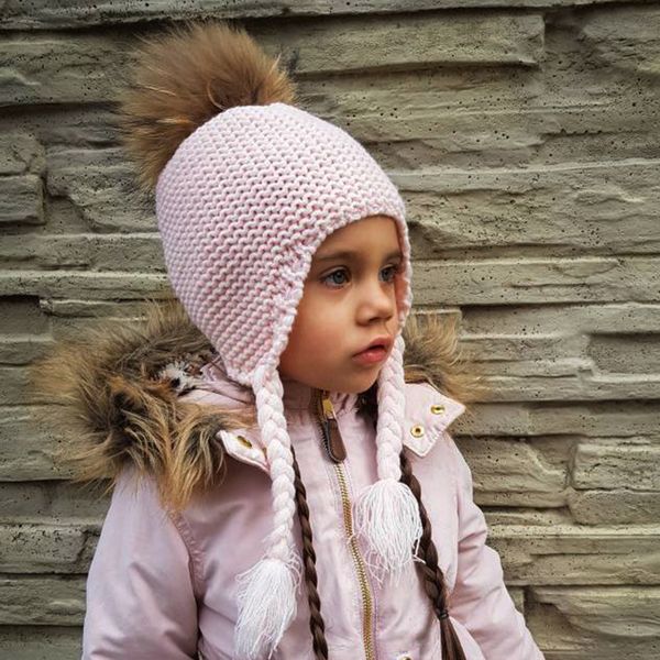 Nova Moda Kids Beanie Inverno Pompon Bonés Para Crianças Meninas De Malha De Lã Earflap Gosquinhos Boné Crochet Baby Chapéu