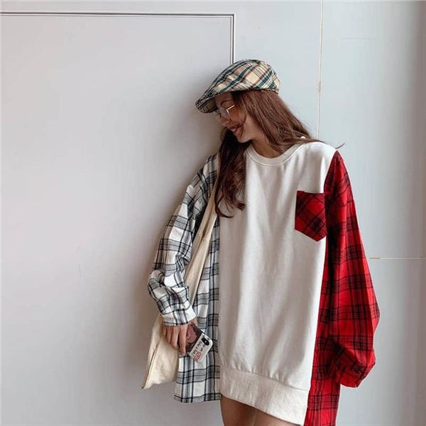 

nicemix pullover womens sweatshirt new korean pop clothes streetwear pullover sweatshirt women vintage contrast color plaid top, Black